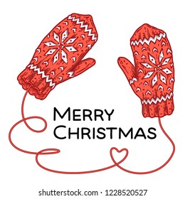 Hand-drawn Christmas card with knitted mittens. Vector sketch illustration for greeting card, banner, website and holiday decor