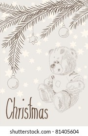 Hand-drawn christmas card - teddy bear and christmas balls on branches  - vintage