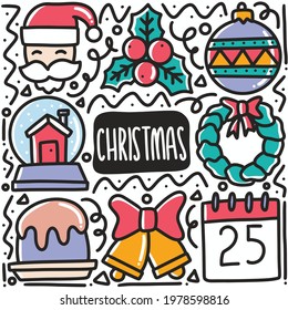 hand-drawn Christmas celebrate doodle set with icons and design element