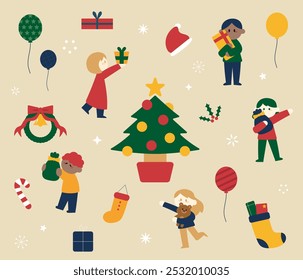 Hand-drawn Christmas characters illustration set for festive designs.
