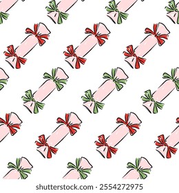 Hand-drawn Christmas crackers with red and green bows in seamless repeating pattern on a white background. Decorative holiday template for wrapping paper, wallpaper, and textile design