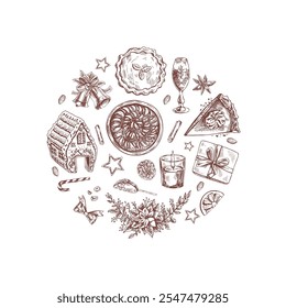 Hand-drawn christmas desserts and festive elements illustration