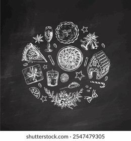 Hand-drawn christmas desserts and festive elements illustration on chalkboard background