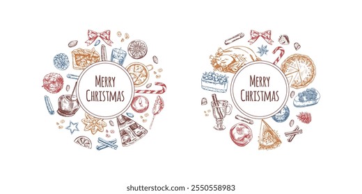 Hand-drawn Christmas desserts and holiday treats with "Merry Christmas" text