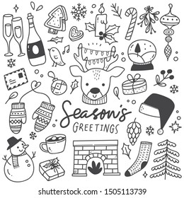 Hand-Drawn Christmas Doodle Collection with Reindeer, Holiday Decorations, and Winter Elements – Black and White Vector Illustration