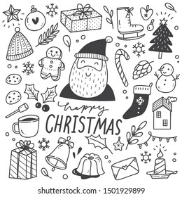 Hand-Drawn Christmas Doodle Collection with Santa Claus, Holiday Decorations, and Winter Elements – Black and White Vector Illustration