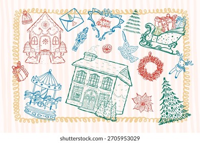 Handgezeichnete Weihnachtspuzzle Elemente Set. Vektorskizzensammlung von Feiertagssymbolen und -dekorationen (Weihnachtsmann, Bäume, Geschenke, Schneeflocken). Perfekt für Muster und Design.