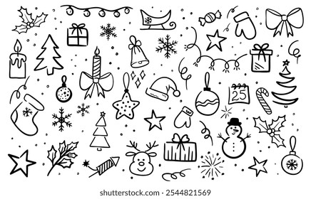 Hand-drawn Christmas doodle icons featuring festive elements like gifts, snowflakes, ornaments, and holiday decorations in a black and white style.