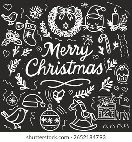 Hand-drawn Christmas doodle illustration in white on black. Includes festive icons like a wreath, fireplace, cat in Santa hat, rocking horse, holiday treats, and handwritten Merry Christmas lettering.