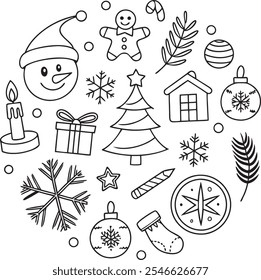 Conjunto de Navidades dibujadas a mano con iconos y decoraciones festivas, ilustración de vacaciones en blanco y negro con árbol de Navidad, adornos y regalos