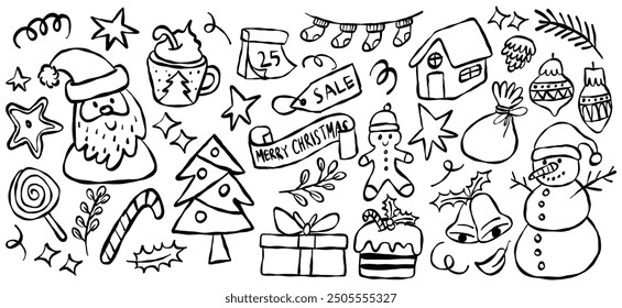 Hand-Drawn Christmas Doodle Set | Festive Black and White Holiday Illustrations Featuring Santa, Snowman, Gifts, Trees and More