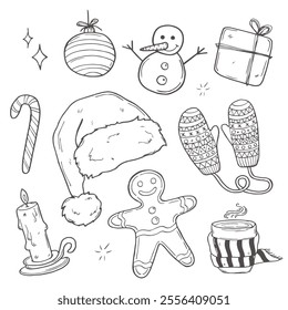 Hand-Drawn Christmas Doodle Set. Festive Black and White Holiday Illustrations Featuring Santa, Snowman, Gifts, Trees and More