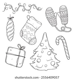 Hand-Drawn Christmas Doodle Set. Festive Black and White Holiday Illustrations Featuring Santa, Snowman, Gifts, Trees and More