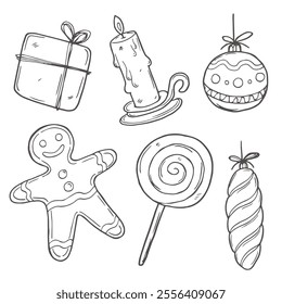 Hand-Drawn Christmas Doodle Set. Festive Black and White Holiday Illustrations Featuring Santa, Snowman, Gifts, Trees and More