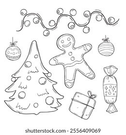 Hand-Drawn Christmas Doodle Set. Festive Black and White Holiday Illustrations Featuring Santa, Snowman, Gifts, Trees and More