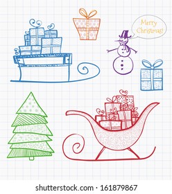 Hand-drawn Christmas doodle sketch objects on squared paper. Sleighs, gift boxes, snowman, Christmas tree. Vector illustration. 