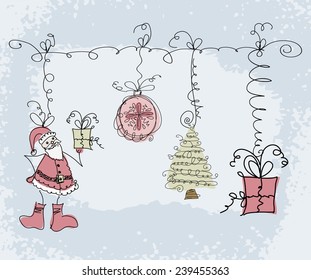 Hand-drawn Christmas doodle sketch objects. santa, gift boxes, Christmas tree. Vector illustration.