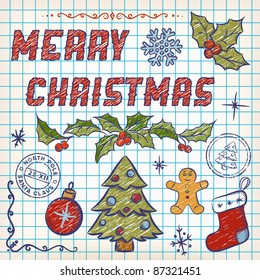 Hand-Drawn Christmas Doodles. Lettering Merry Christmas. Vector