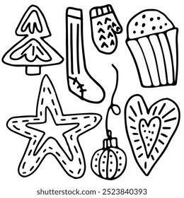 Hand-Drawn Christmas Doodles with Tree, Star, Stocking, Mittens, Ornament, Cupcake, and Heart