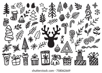 Handdrawn christmas elements. Isolated vector illustration on white background.