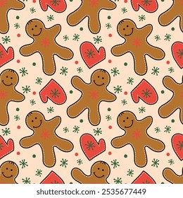 Hand-drawn Christmas elements seamless pattern. A fun colored holiday.