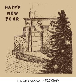Hand-drawn Christmas fireplace