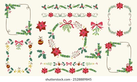 Handgezeichnete weihnachtliche Blumendekorationen. Rahmen, Kränze, einzelne Gegenstände und Teiler. Perfekt für Grußkartendesign und Geschenketiketten.