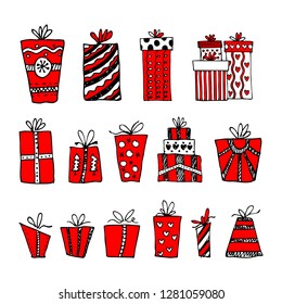 Hand-drawn Christmas gifts and boxes for winter and holiday illustrations.