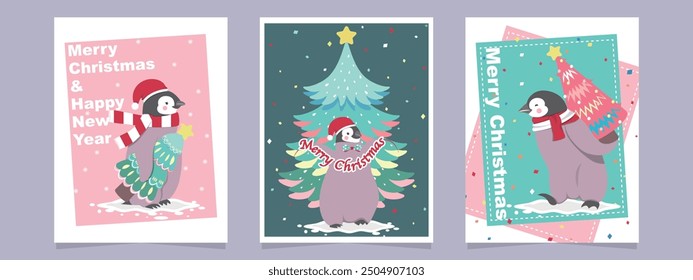 Hand-Drawn Christmas Greetings cards with cartoon penguin and Christmas tree. Vector illustration. Merry Christmas.