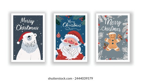 Hand-Drawn Christmas Greetings, Cute Flyers and Postcards with Minimalist Polar bears, Santa Claus, Ginger man Background