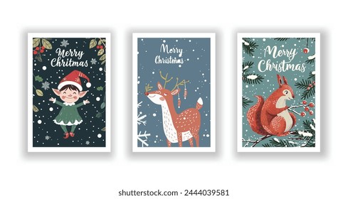 Hand-Drawn Christmas Greetings, Cute Flyers and Postcards with Minimalist Christmas elf, Squirrel, Reindeer Background