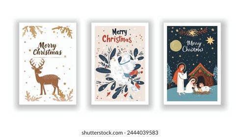 Hand-Drawn Christmas Greetings, Cute Flyers and Postcards with Minimalist Christmas elf, Dove, Nativity Scene Background