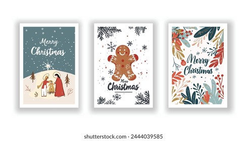 Hand-Drawn Christmas Greetings, Cute Flyers and Postcards with Minimalist Village, Ginger man Background