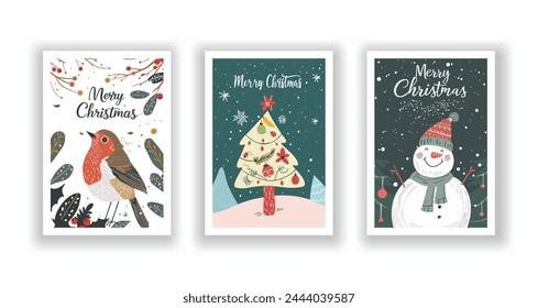 Saludos de Navidad dibujados a mano, volantes lindos y postales con árbol de Navidad minimalista, muñeco de nieve, fondo de petirrojo