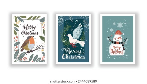 Hand-Drawn Christmas Greetings, Cute Flyers and Postcards with Minimalist Robin, Dove, Snowman Background