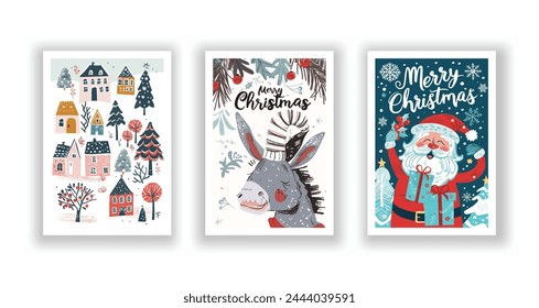 Hand-Drawn Christmas Greetings, Cute Flyers and Postcards with Minimalist Donkey, Village, Santa Claus Background