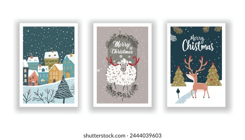 Hand-Drawn Christmas Greetings, Cute Flyers and Postcards with Minimalist Village, Sheep, Reindeer Background