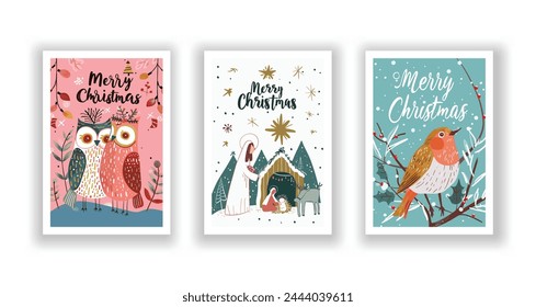 Hand-Drawn Christmas Greetings, Cute Flyers and Postcards with Minimalist Village, Angel, Snowman Background