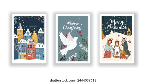 Hand-Drawn Christmas Greetings, Cute Flyers and Postcards with Minimalist Nativity Scene, Dove, Village Background