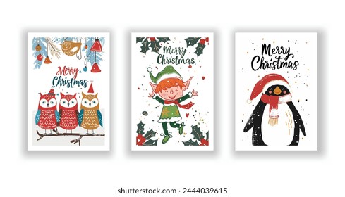 Hand-Drawn Christmas Greetings, Cute Flyers and Postcards with Minimalist Christmas elf, Owl, Penguin Background