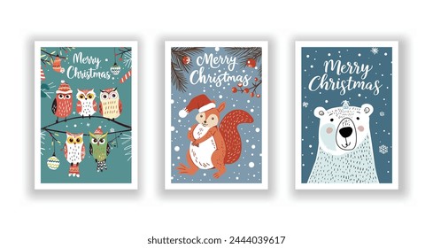 Hand-Drawn Christmas Greetings, Cute Flyers and Postcards with Minimalist Squirrel, Polar bears, Owl Background