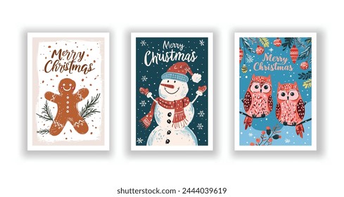 Saludos de Navidad dibujados a mano, volantes lindos y postales con minimalista muñeco de nieve, búho, fondo de hombre jengibre