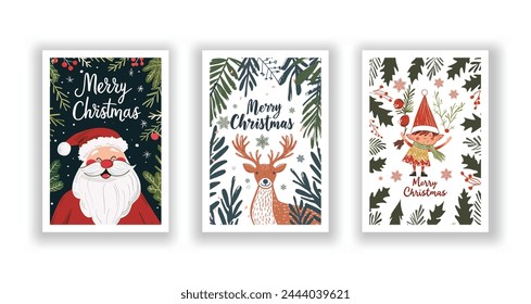 Hand-Drawn Christmas Greetings, Cute Flyers and Postcards with Minimalist Santa Claus, Christmas elf, Reindeer Background