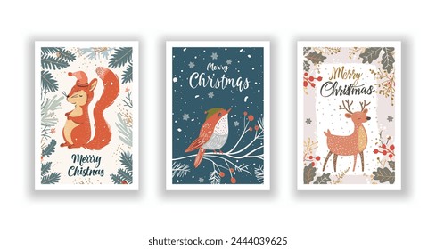 Hand-Drawn Christmas Greetings, Cute Flyers and Postcards with Minimalist Reindeer, Robin, Squirrel Background