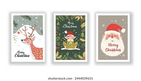 Hand-Drawn Christmas Greetings, Cute Flyers and Postcards with Minimalist Reindeer, Christmas elf, Santa Claus Background