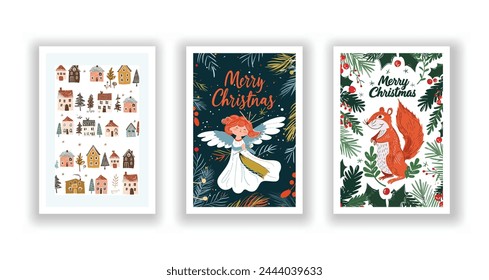 Hand-Drawn Christmas Greetings, Cute Flyers and Postcards with Minimalist Village, Angel, Squirrel Background