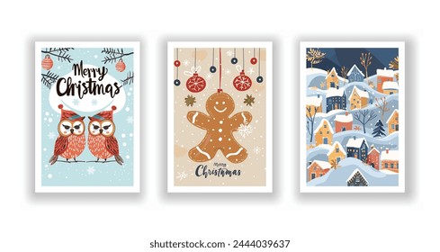 Hand-Drawn Christmas Greetings, Cute Flyers and Postcards with Minimalist Village, Ginger man, Owl Background