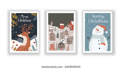 Hand-Drawn Christmas Greetings, Cute Flyers and Postcards with Minimalist Reindeer, Village, Snowman Background