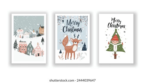 Hand-Drawn Christmas Greetings, Cute Flyers and Postcards with Minimalist Christmas elf, Village, Reindeer Background