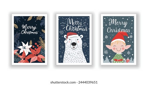 Hand-Drawn Christmas Greetings, Cute Flyers and Postcards with Minimalist Christmas Elf, Polar bears Background